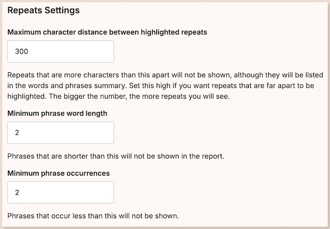 screenshot of prowritingaid repeats settings