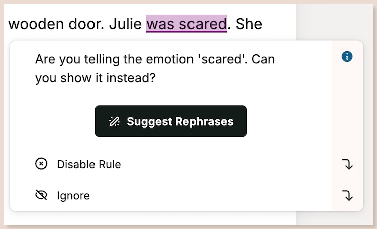 screenshot of an emotion tells suggestion for 'was scared'