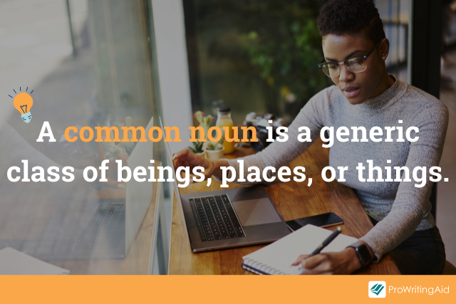 Image showing definition of common noun with words "a common noun is a generic class of beings, places, or things