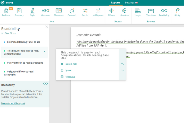 Screenshot of ProWritingAid's Readability report